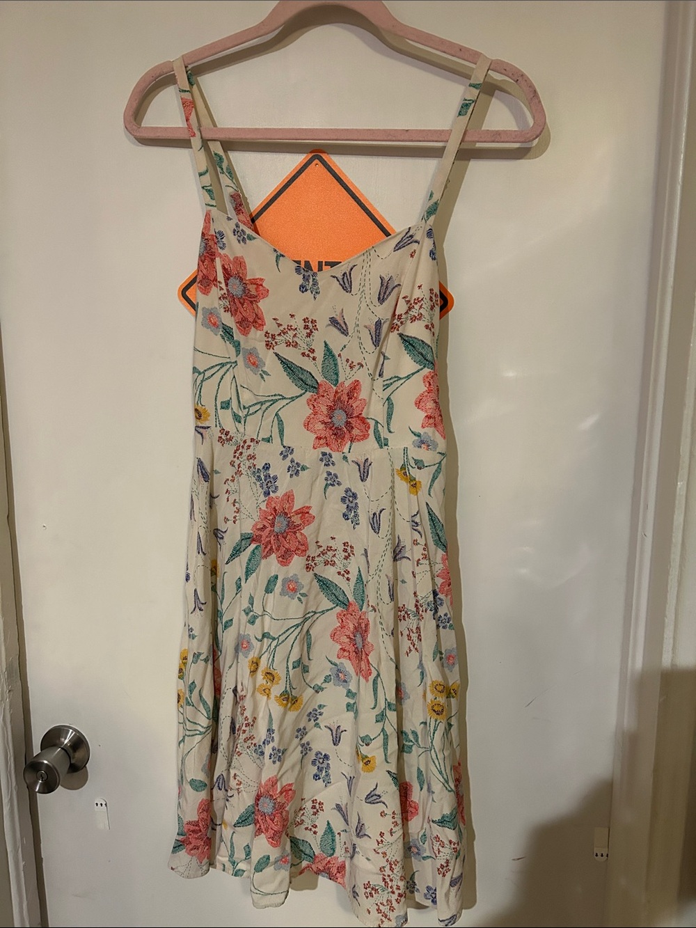 Old Navy Cream Midi Dress with Pink Floral Print